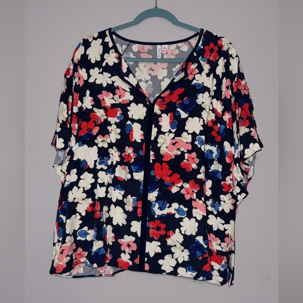 Elle Navy Floral Blouse with Red and White Accents